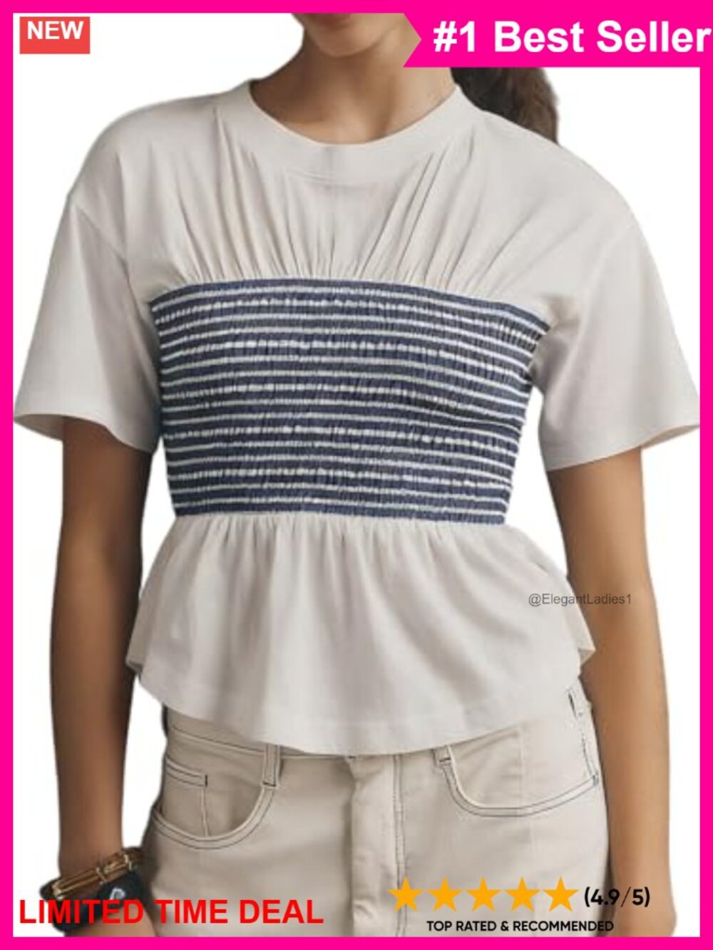 Womens Cotton Striped Short Sleeve Smocked Waist Crop Top Tee